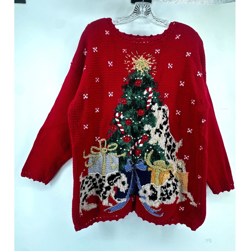 Vintage Heirloom Collectibles Christmas Sweater Red Dalmatian Dog Tree Beaded L